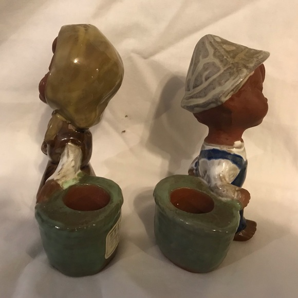 Vintage UCTCI Japan Stoneware Pottery Candle Holders - Boy & Girl Farmers - Picture 2 of 8